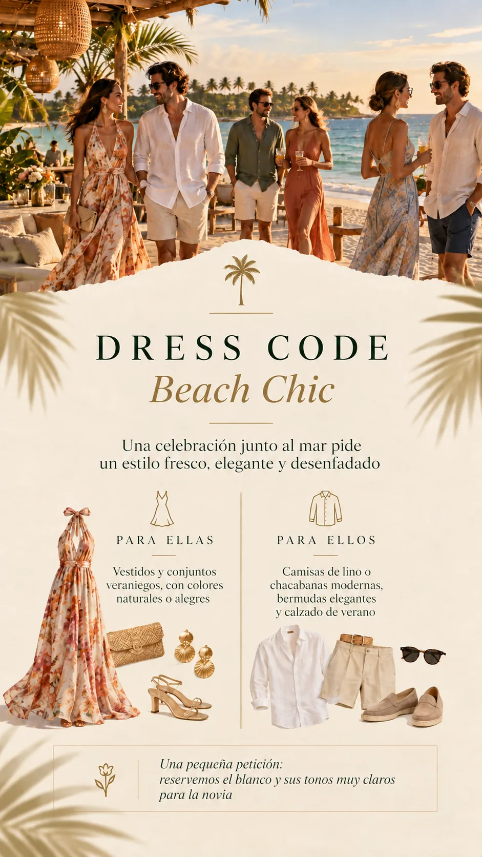 Dress code Beach Chic: ropa fresca, bermudas elegantes para ellos y blanco reservado para la novia