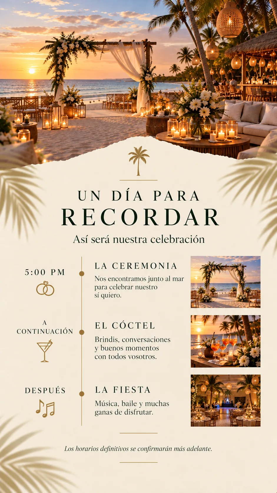 Programa: ceremonia y cóctel en la playa, fiesta en salón interior
